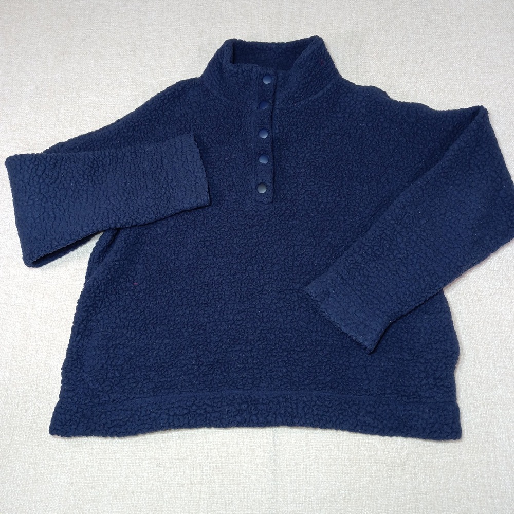 Aerie Sherpa Fleece Pullover Women S Snap Mock Neck Sweatshirt Navy Blue Pockets